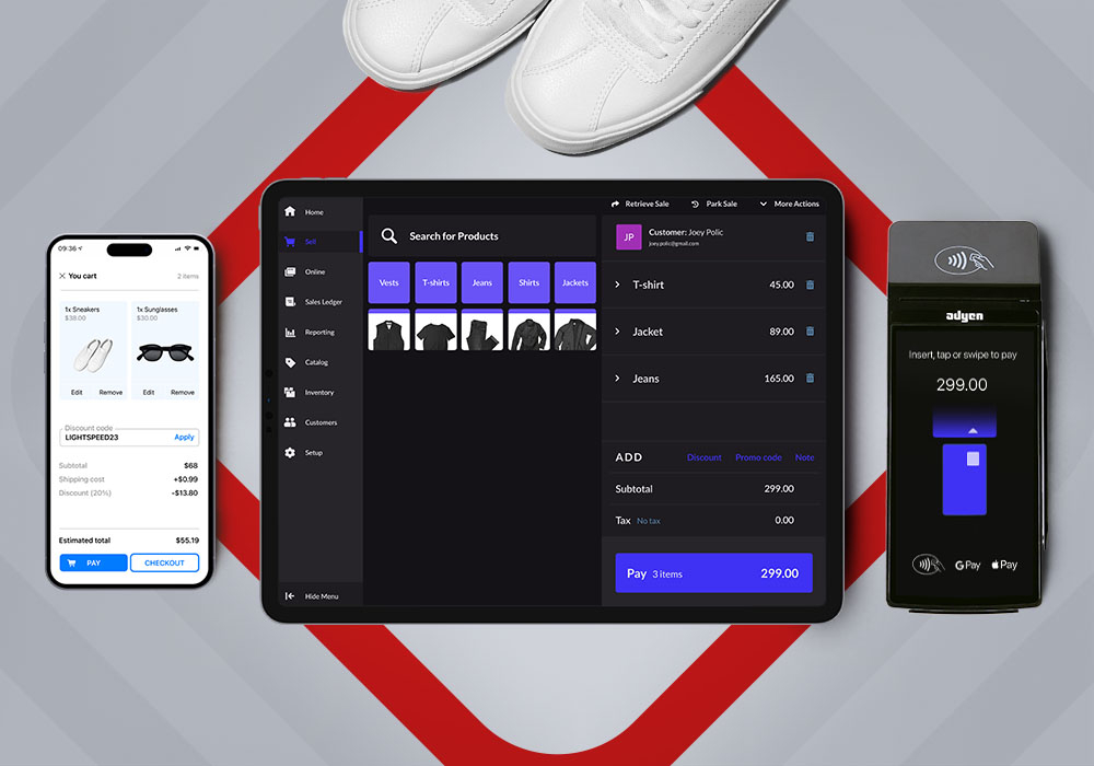 Lightspeed Solution on an iPad alongside the Lightspeed Store Website on a Phone and the Card Machine